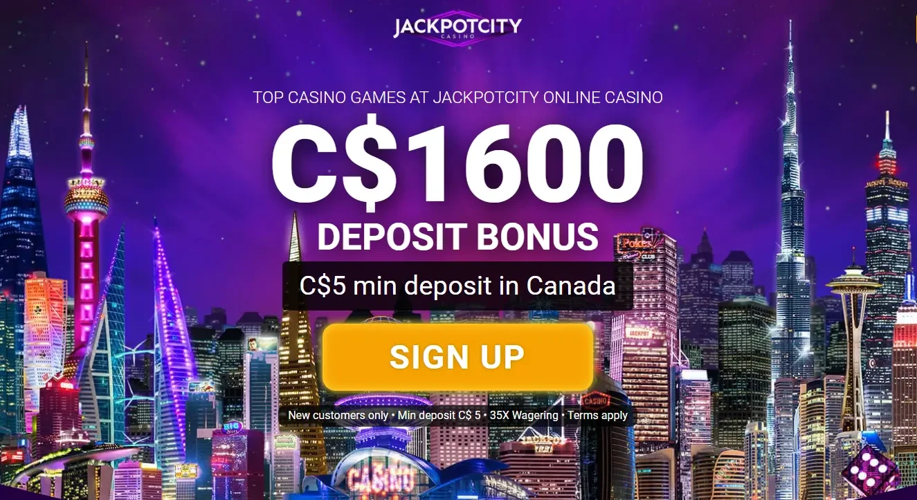 JackpotCity $5 Deposit Casino Bonus = Banner with terms