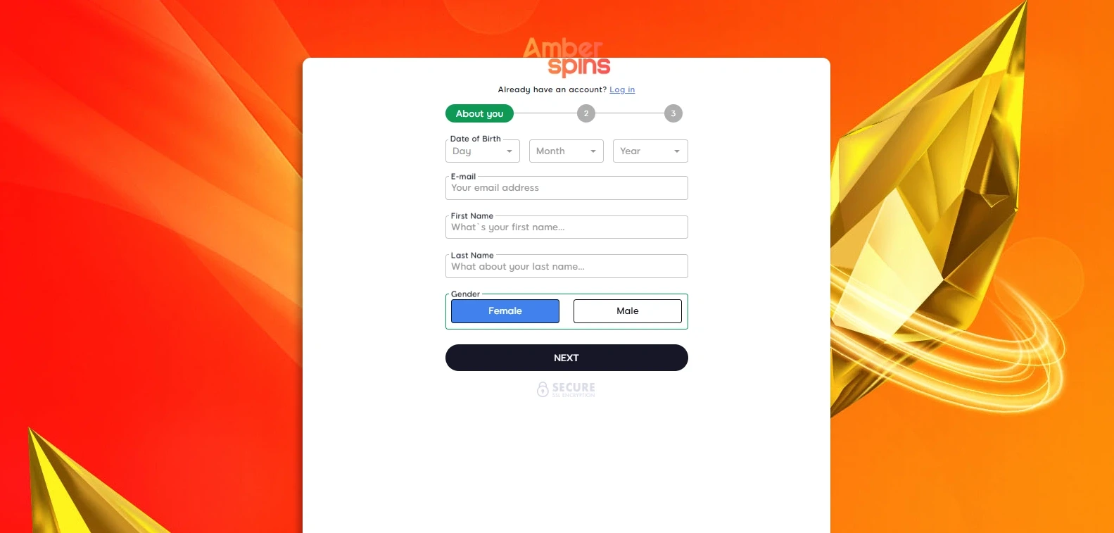 Amber Spin Casino Registration form