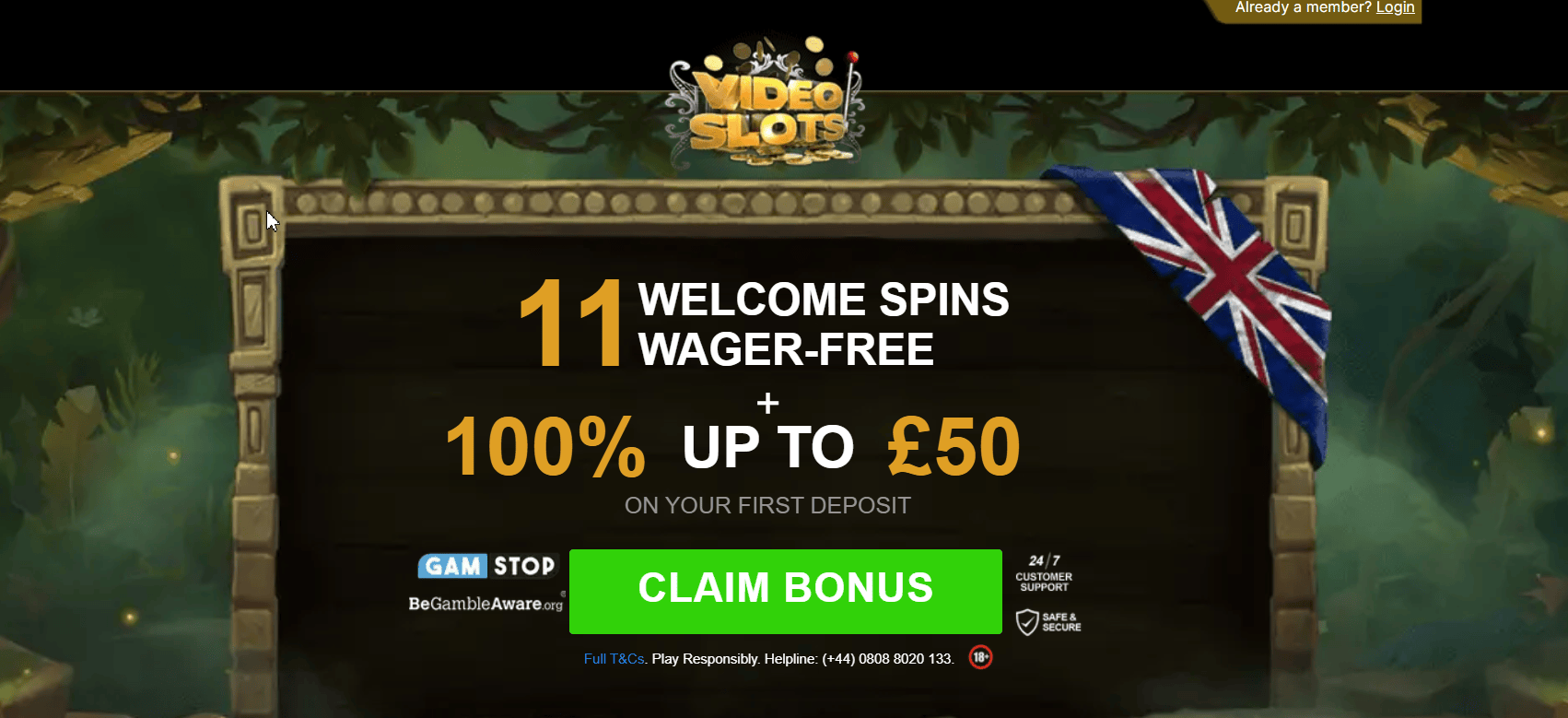 VideoSlots casino no wagering bonus UK 11 free spins Starburst welcome offer