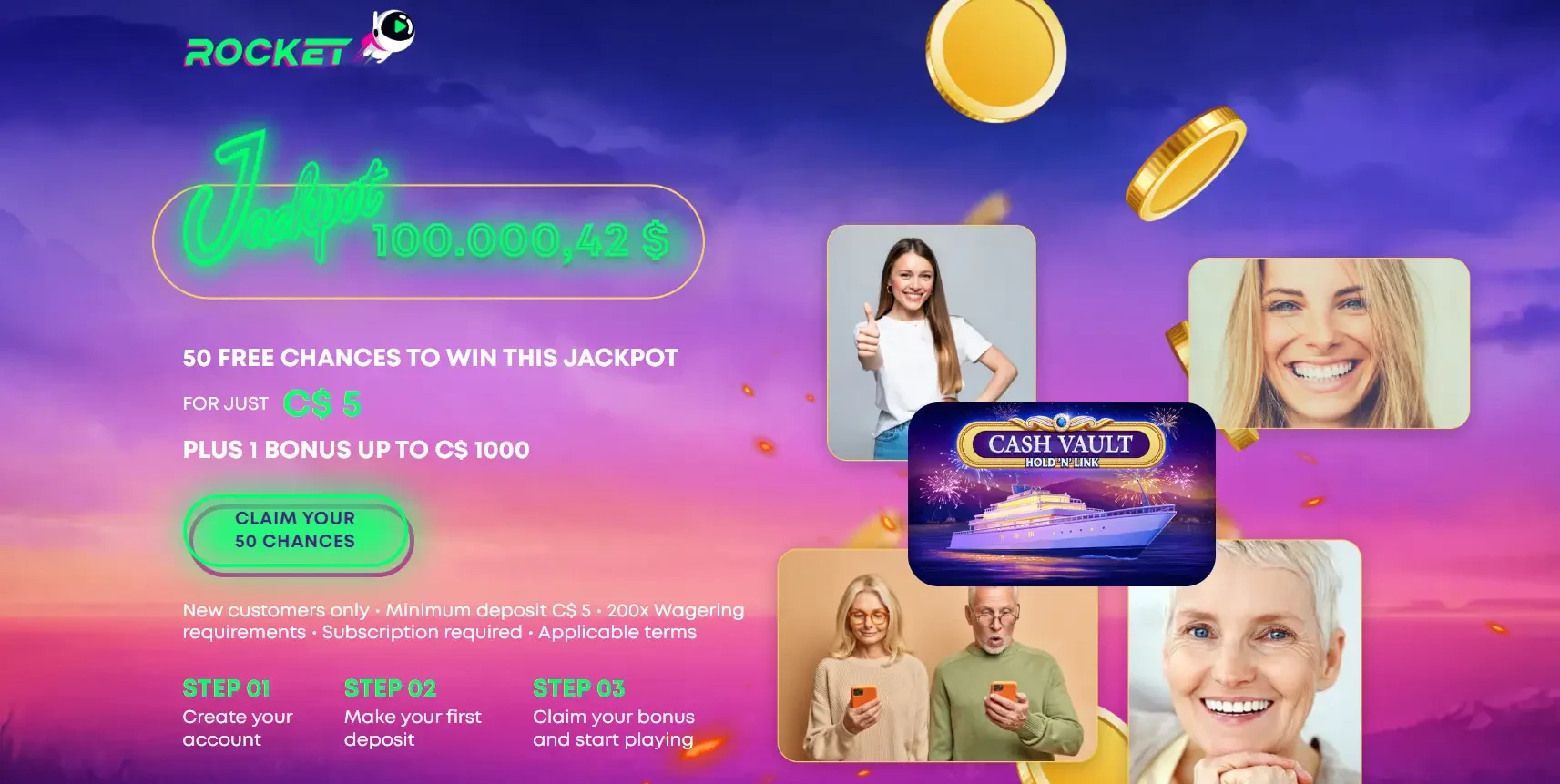 Rocket Casino $5 deposit Bonus Offer - Batter with Terms