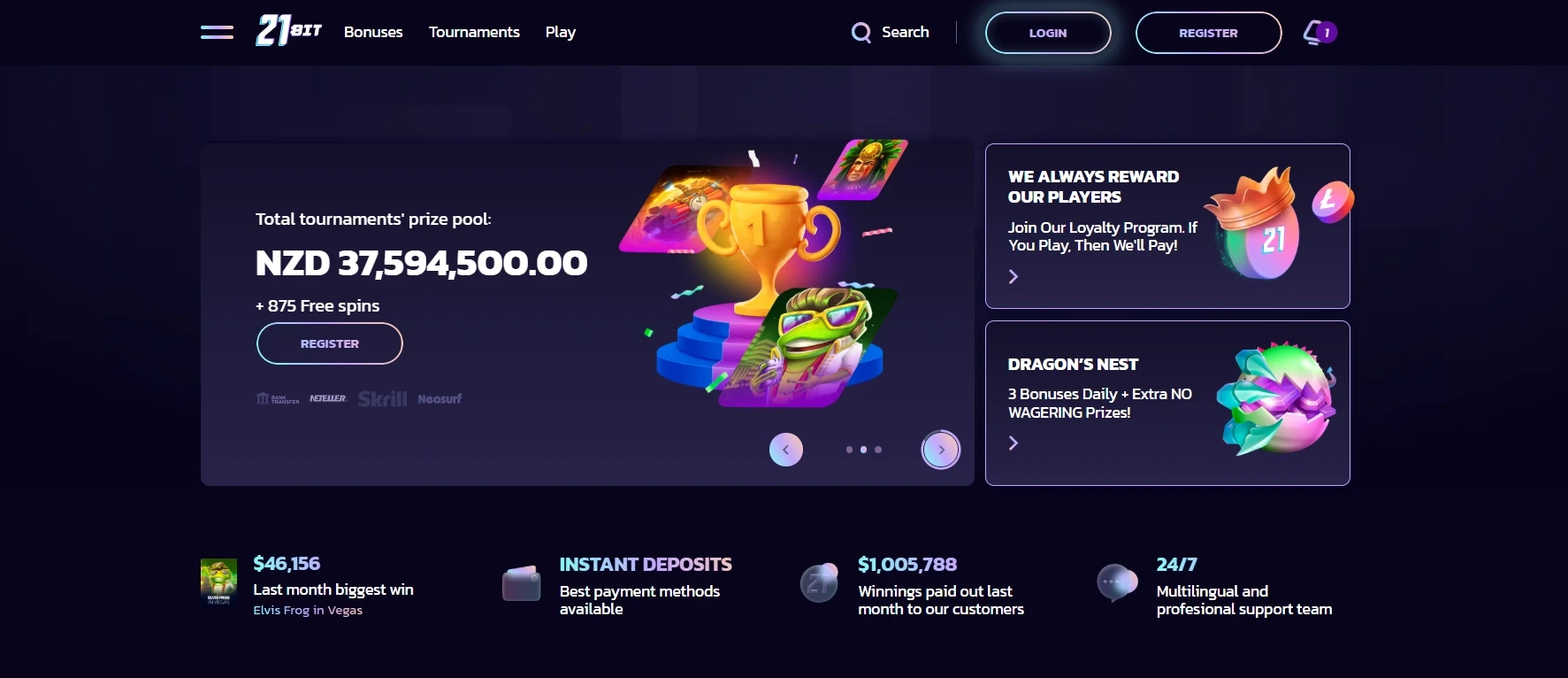 21Bit Casino homepage with tournament prize pool and crypto payment options