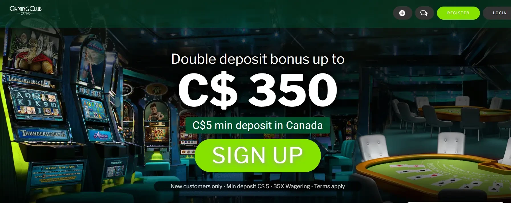 Gaming Club $5 Deposit Casino Bonus - Banner with Terms