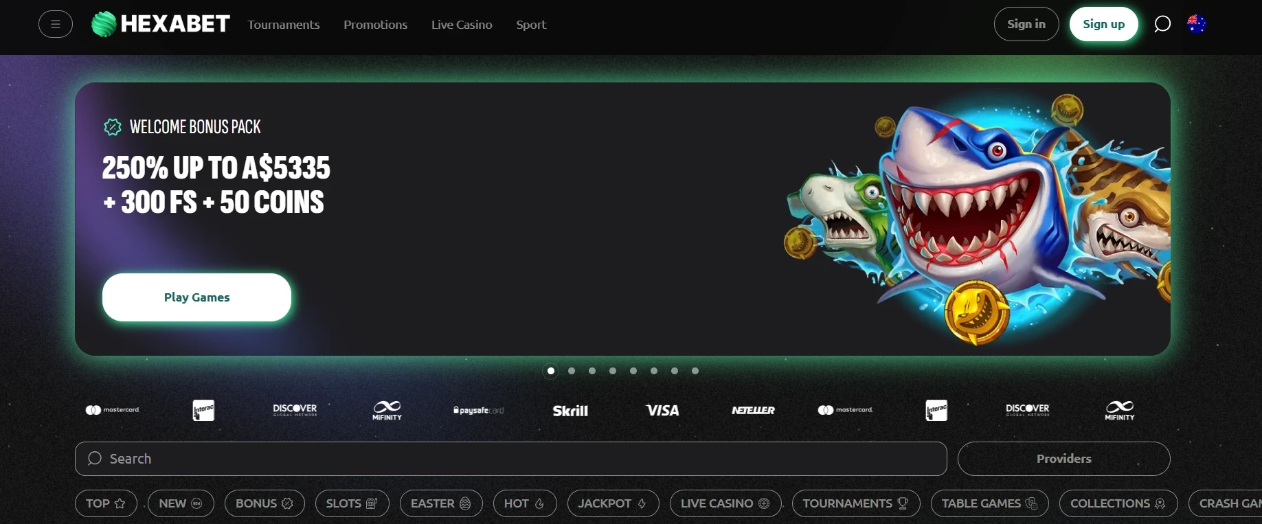 Hexabet Australia casino promotion with 250% bonus, free spins and coins