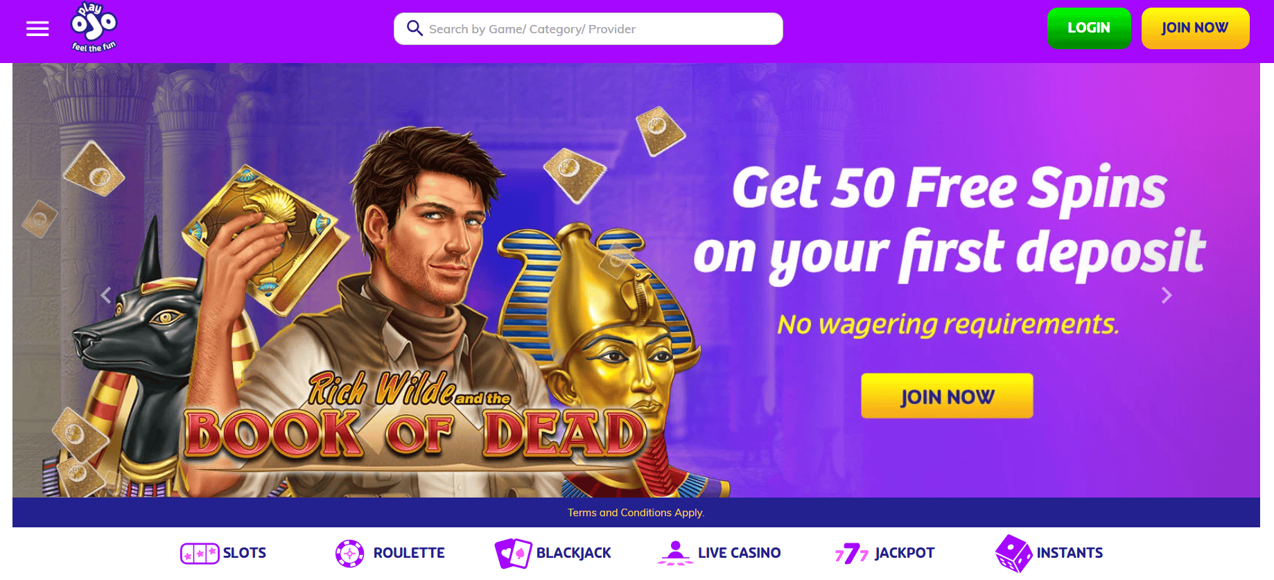 PlayOJO online casino homepage showing 50 free spins no wagering bonus on first deposit
