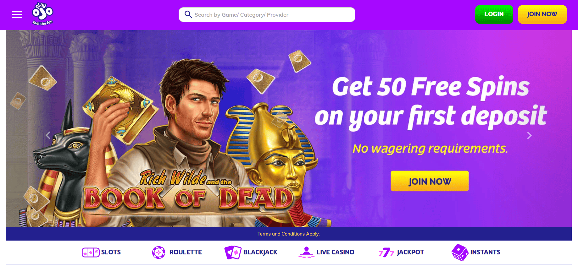 PlayOJO online casino homepage showing 50 free spins no wagering bonus on first deposit