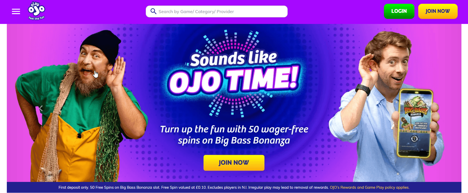 PlayOJO casino no wagering bonus UK 50 free spins Big Bass Bonanza offer