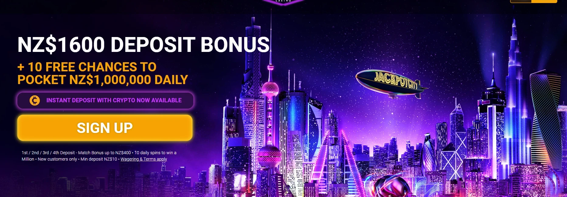 jkackpot City Casino New Zealand homepage showing NZ$1600 deposit bonus and crypto payment option