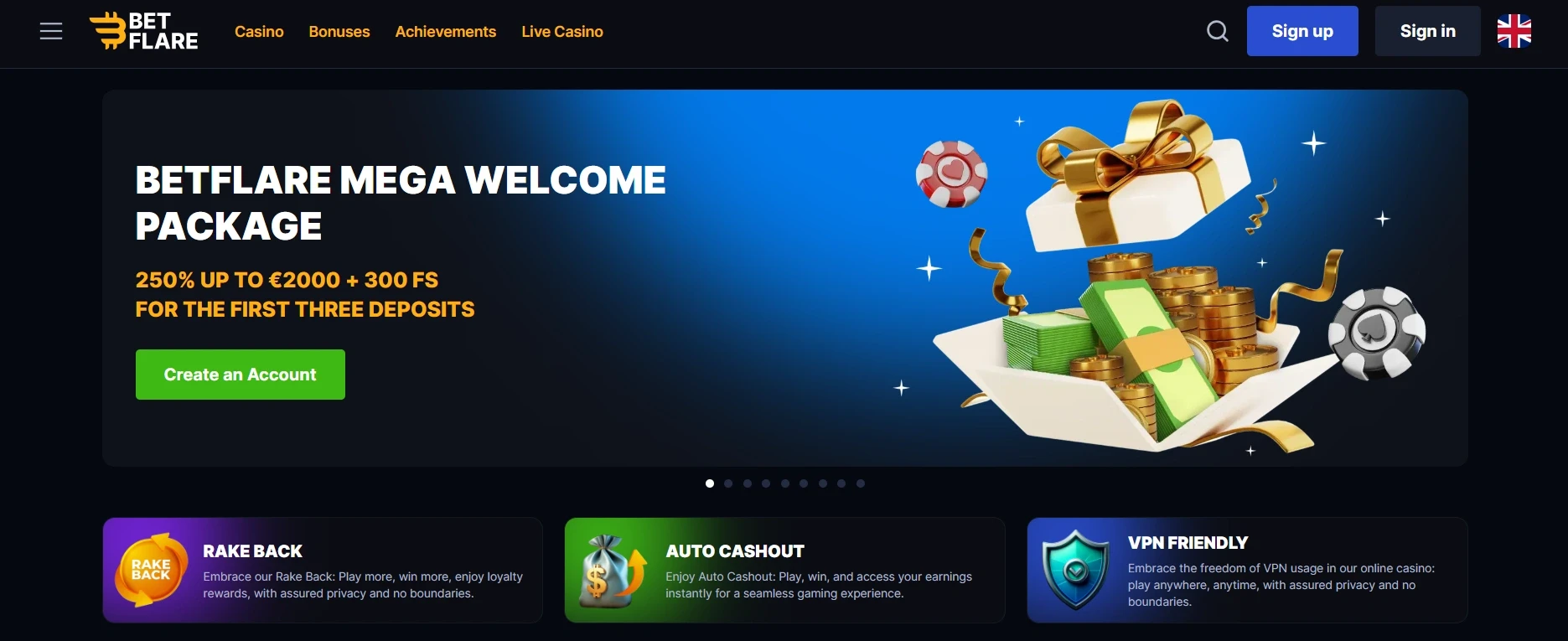 BetFlare homepage promotion for first deposit bonus offer