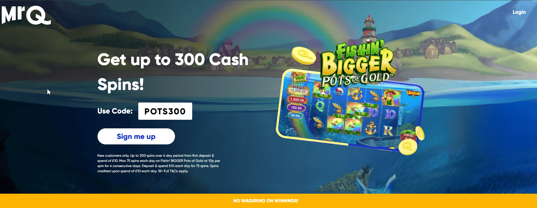 MrQ casino no wagering bonus UK up to 300 free spins Fishin Bigger Pots of Gold