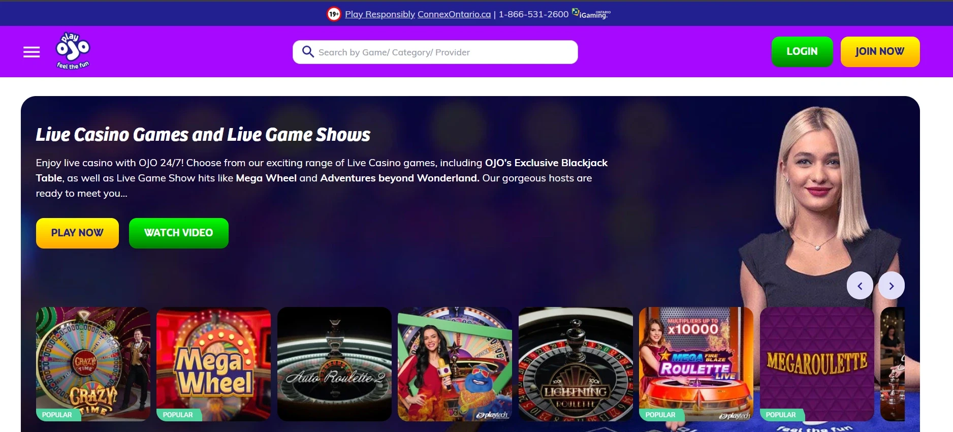 PlayOjo Ontario Main Page