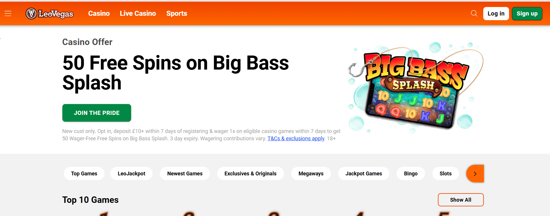 LeoVegas no wagering free spins UK 50 spins Big Bass Splash casino bonus