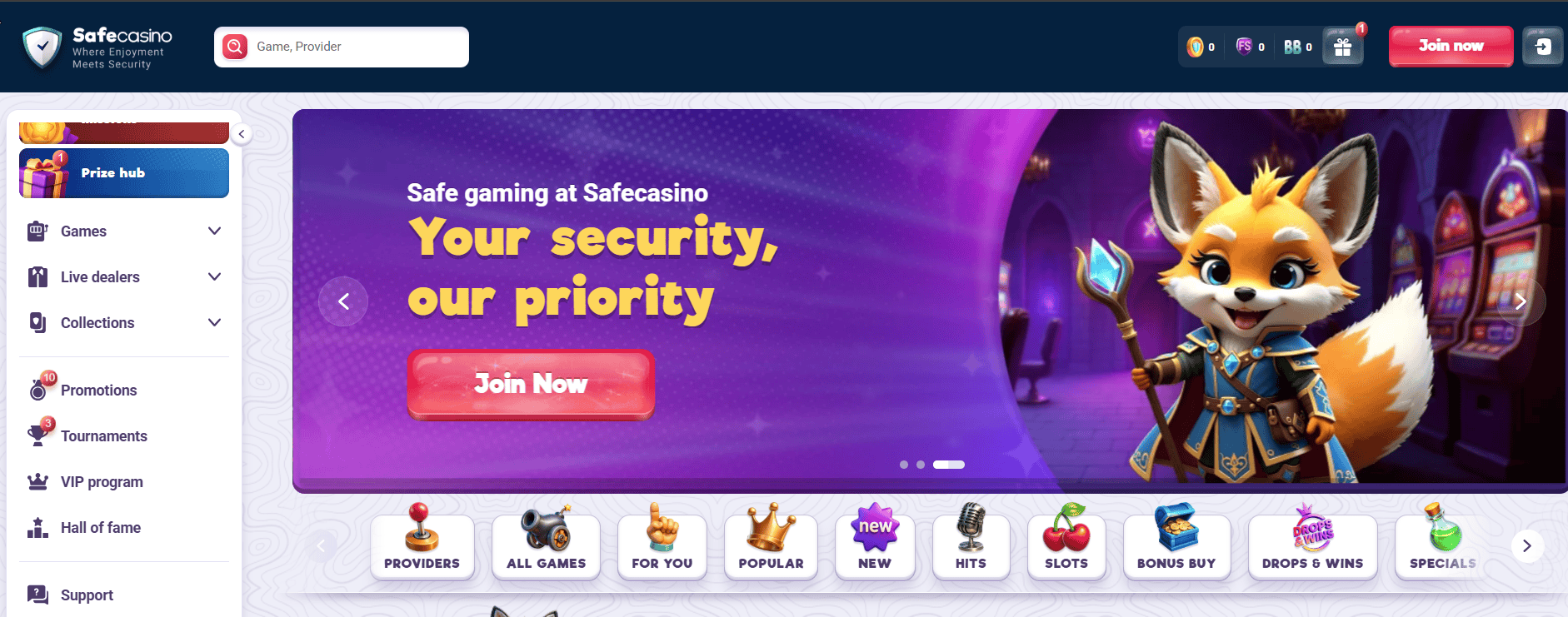 SafeCasino homepage banner highlighting secure online casino gaming and user safety features