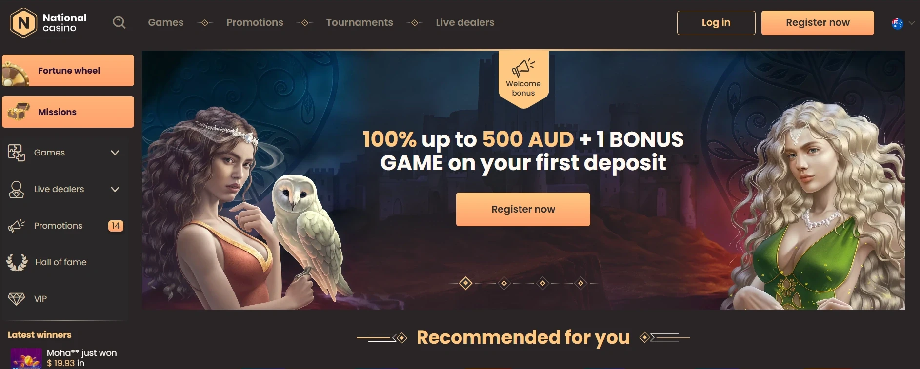 National casino welcome bonus banner with 100% deposit offer in Australia