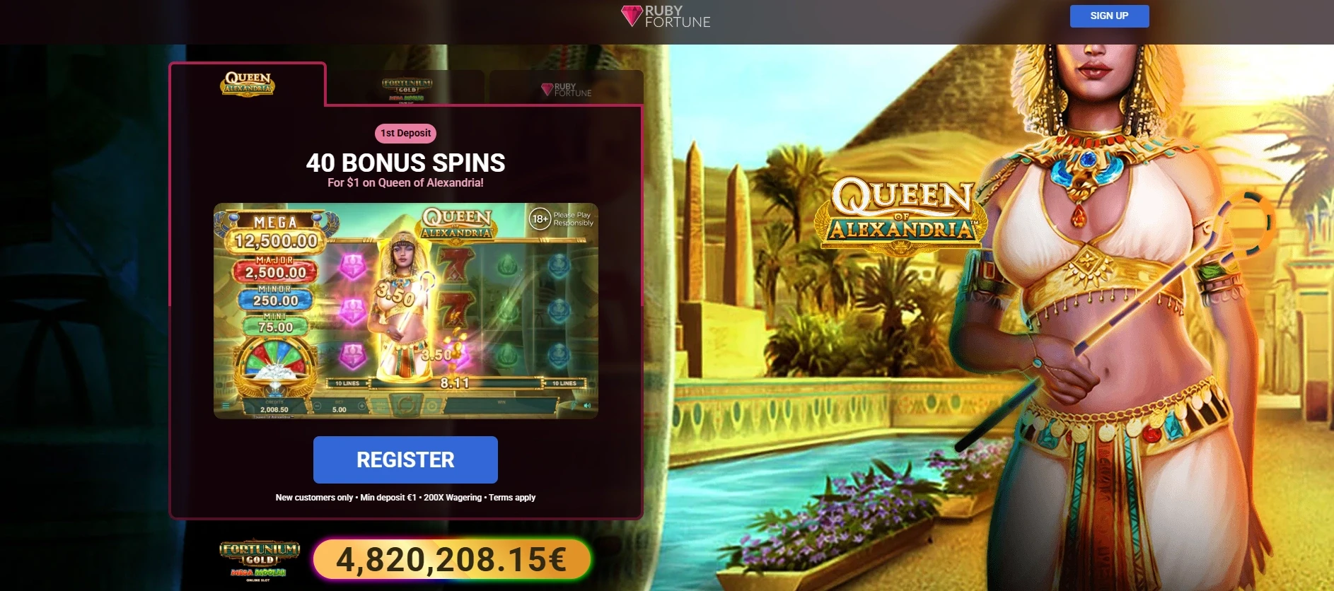 Ruby Fortune Casino bonus offer with 40 bonus spins for CA$1 on Queen of Alexandria slot, showing the game screen and Egyptian-themed artwork.