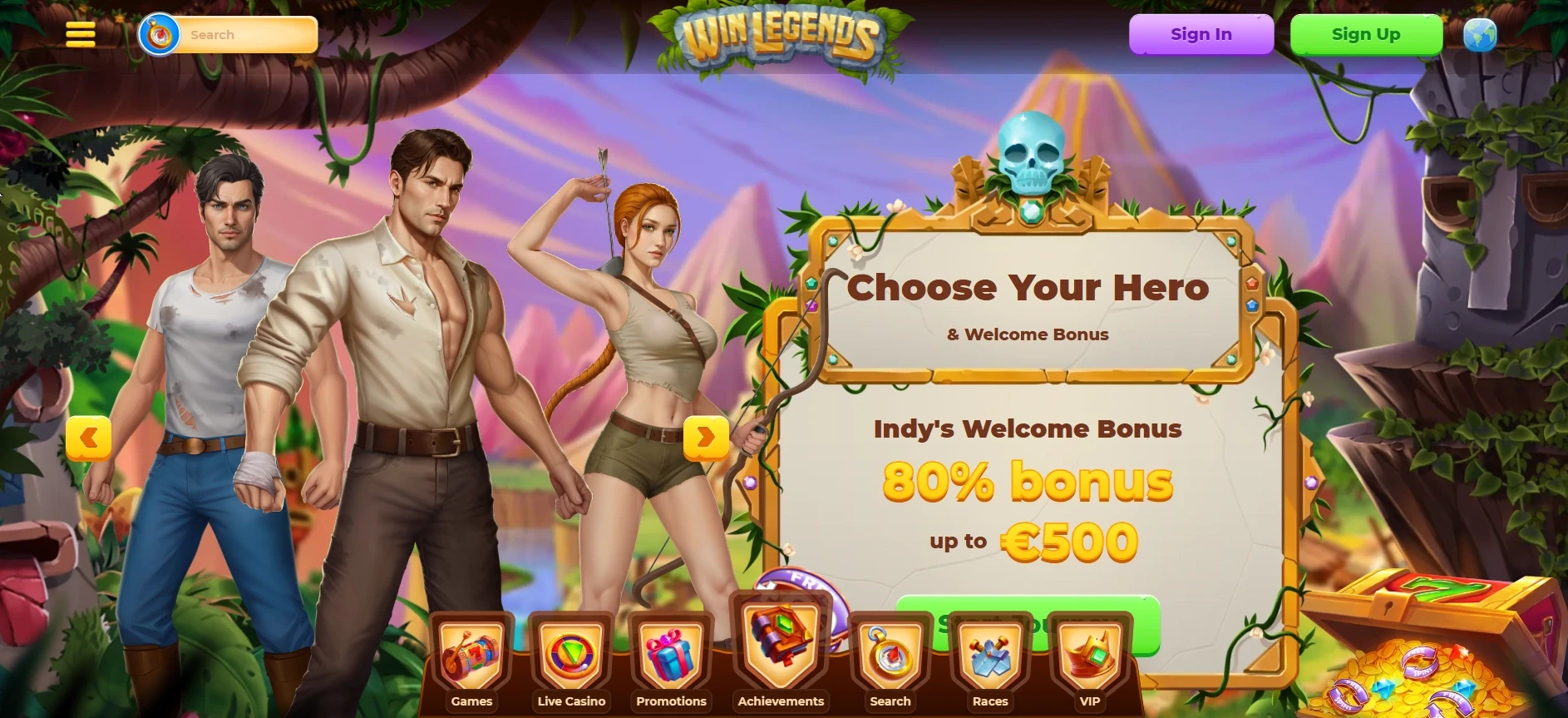 Win Legends online casino welcome bonus banner with adventure heroes and jungle theme