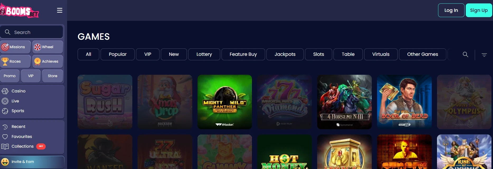 BoomsBet Online Casino Main Page
