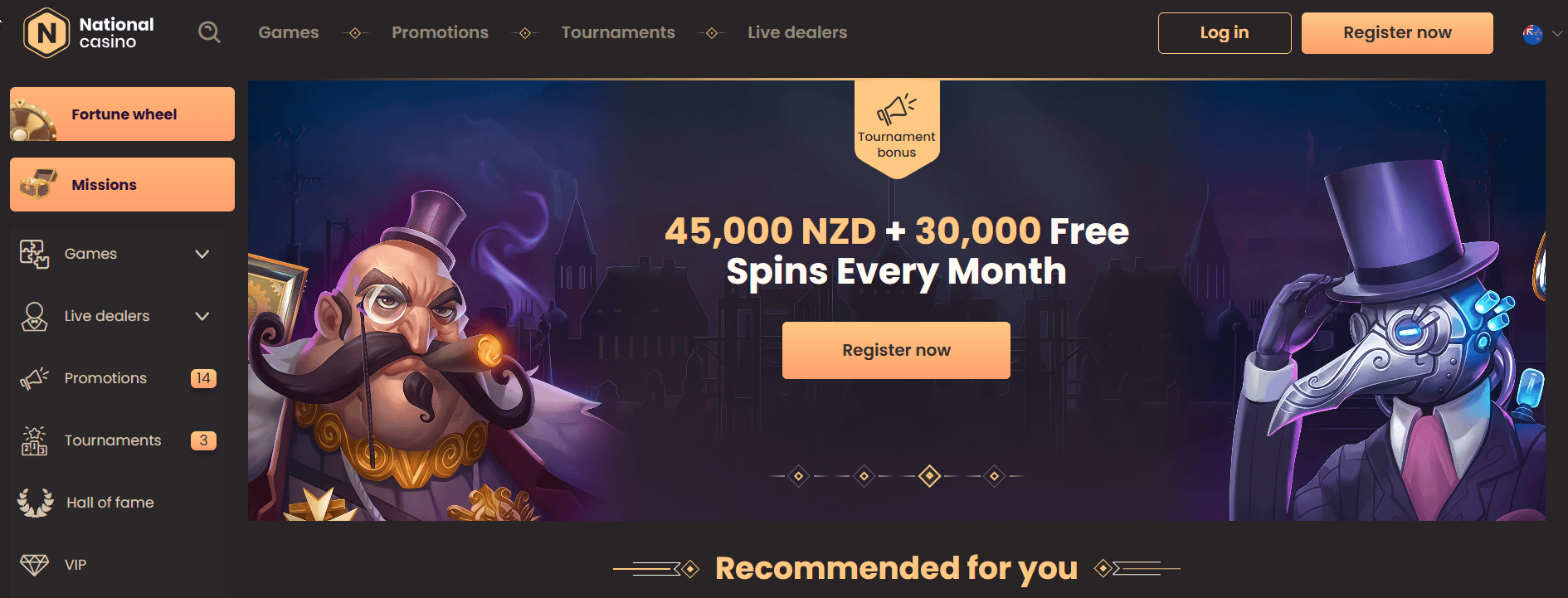 National online casino NZ homepage featuring monthly free spins promotion and tournament bonus banner