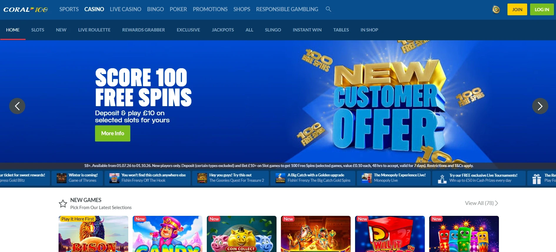 Coral Casino UK homepage showing 100 free spins new customer offer banner
