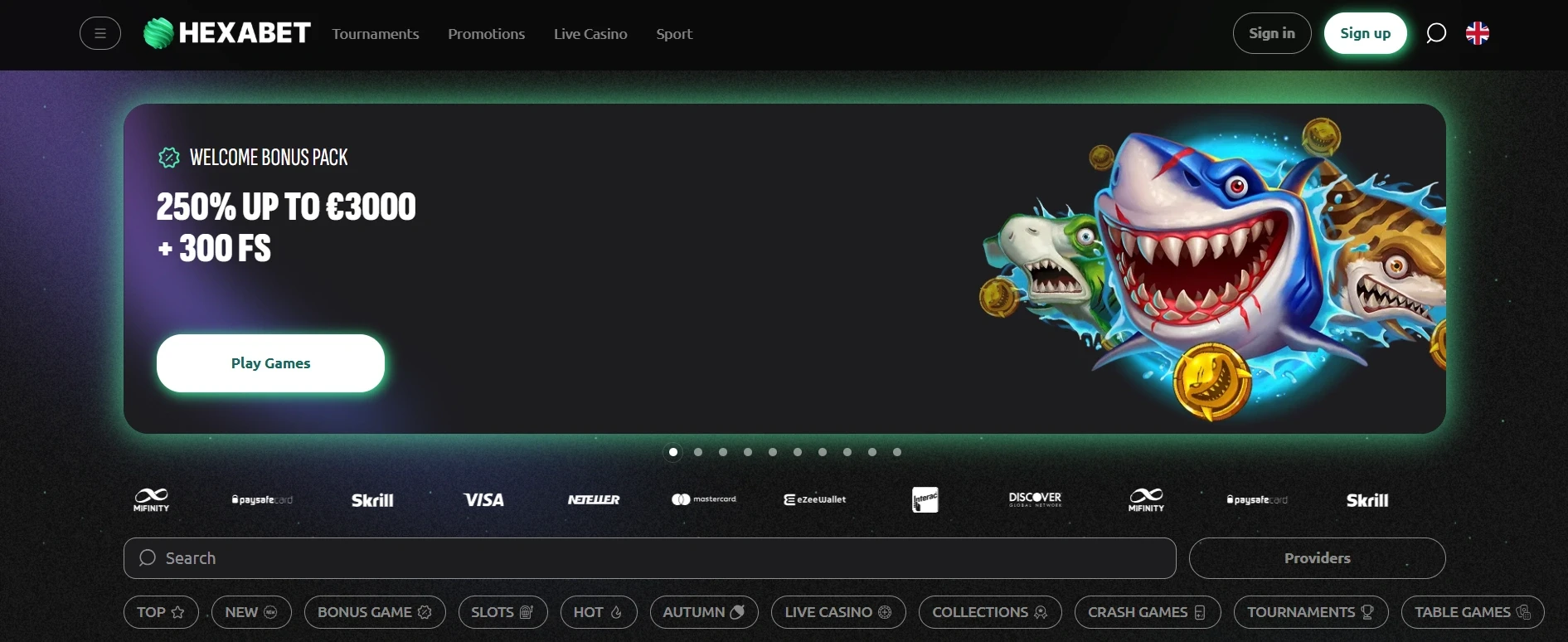 HexaBet Casino Main Page