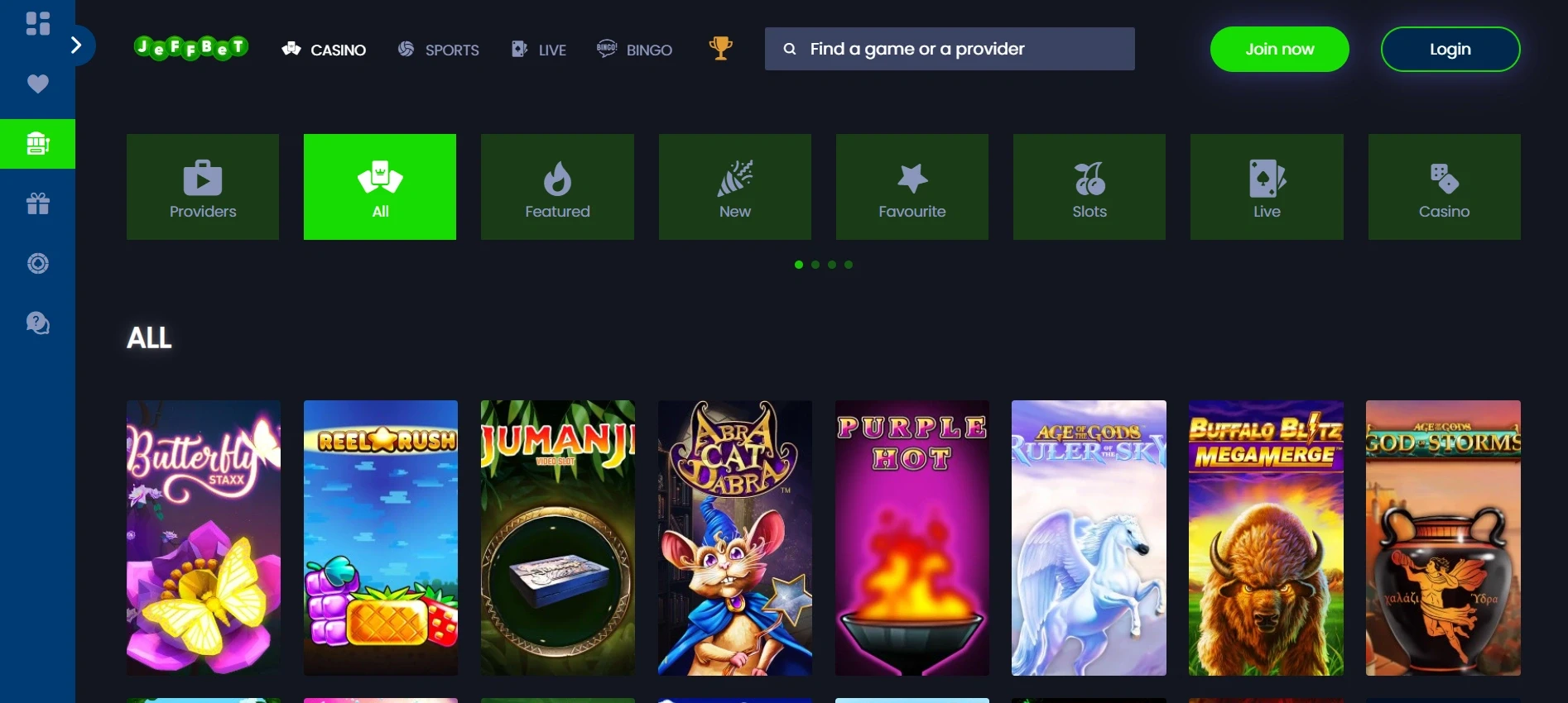 JeffBet Casino UK Game Section