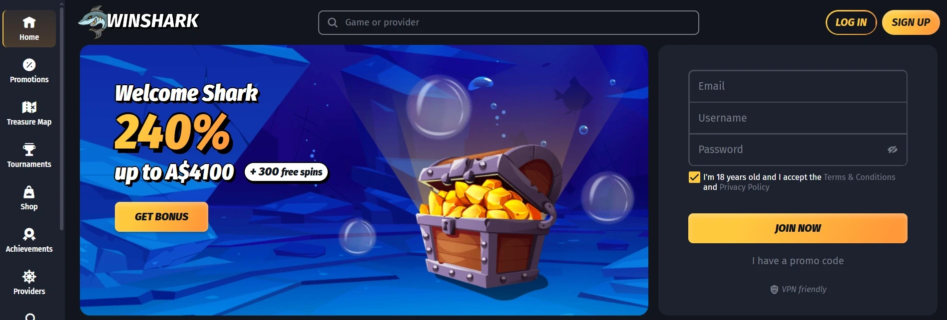 WinShark casino AU main Page