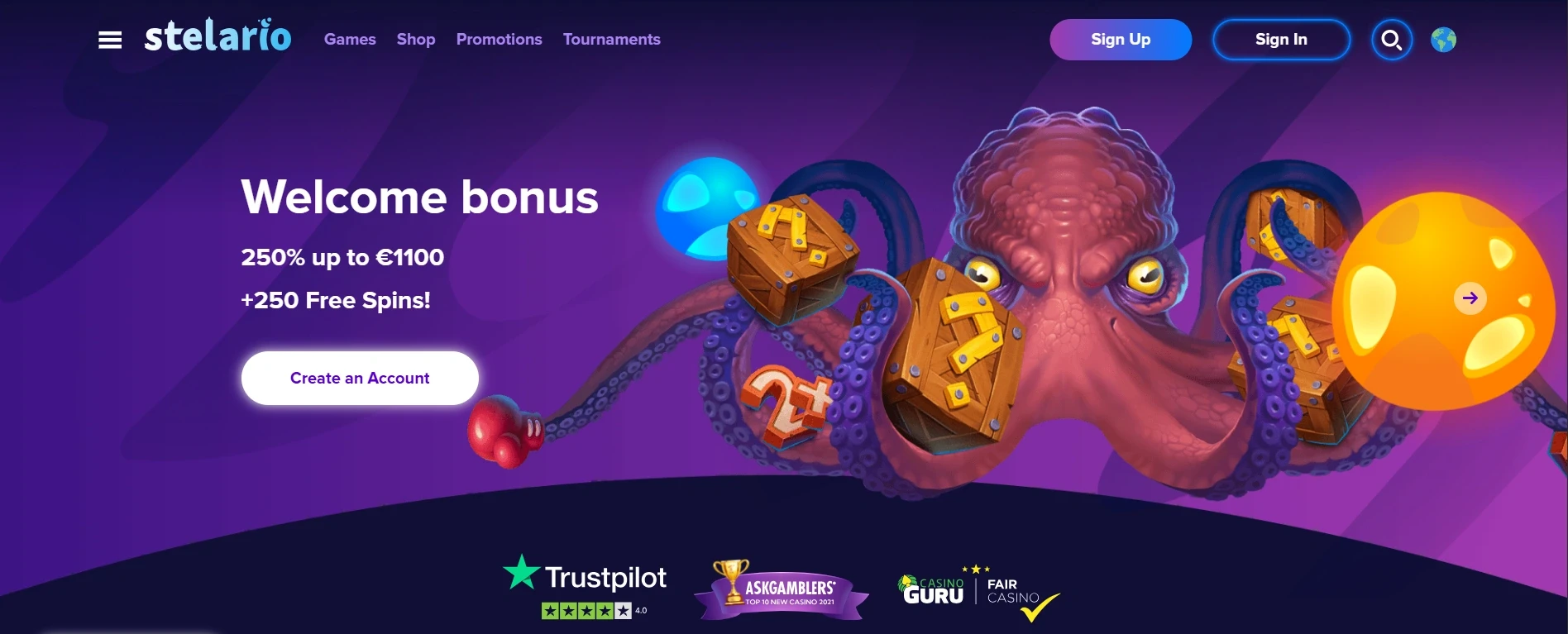 Stelario casino welcome bonus banner with octopus and free spins offer