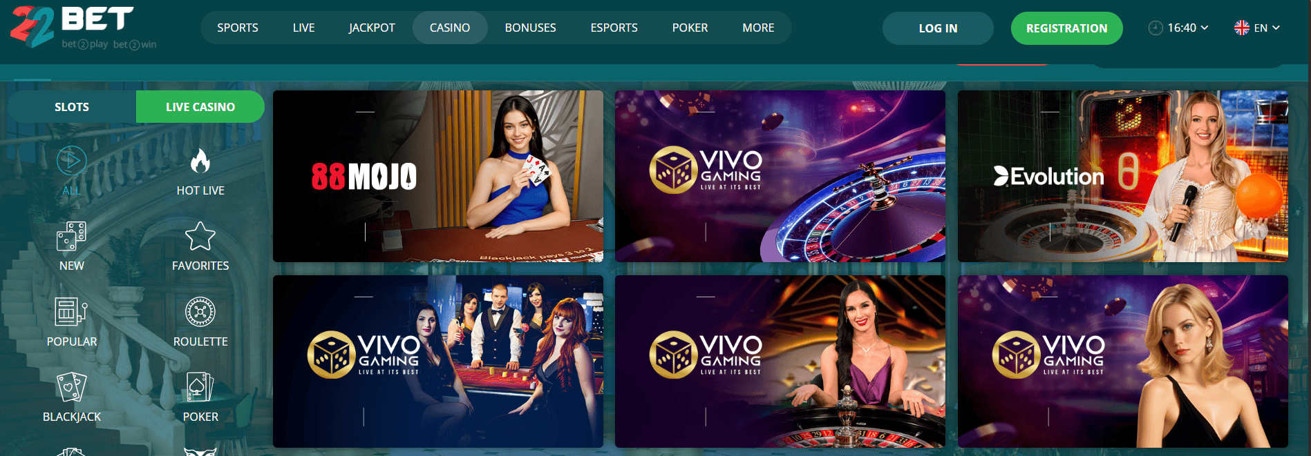 22Bet online casino live casino section with Evolution and Vivo Gaming tables