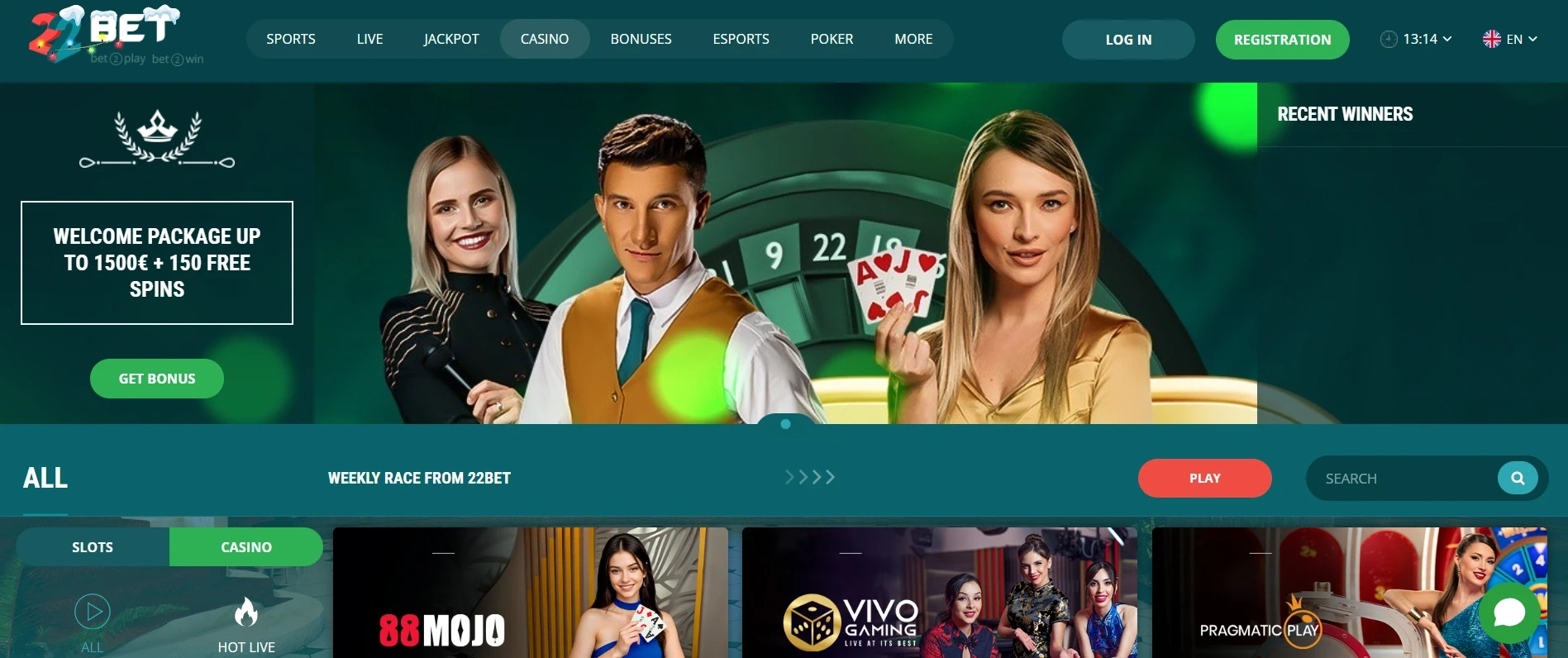 22Bet Casino homepage interface showing welcome bonus, live casino dealers, roulette table, and featured game providers