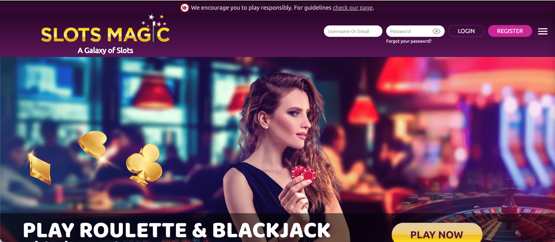 Slots Magic online casino interface showing roulette and blackjack games with player holding chips