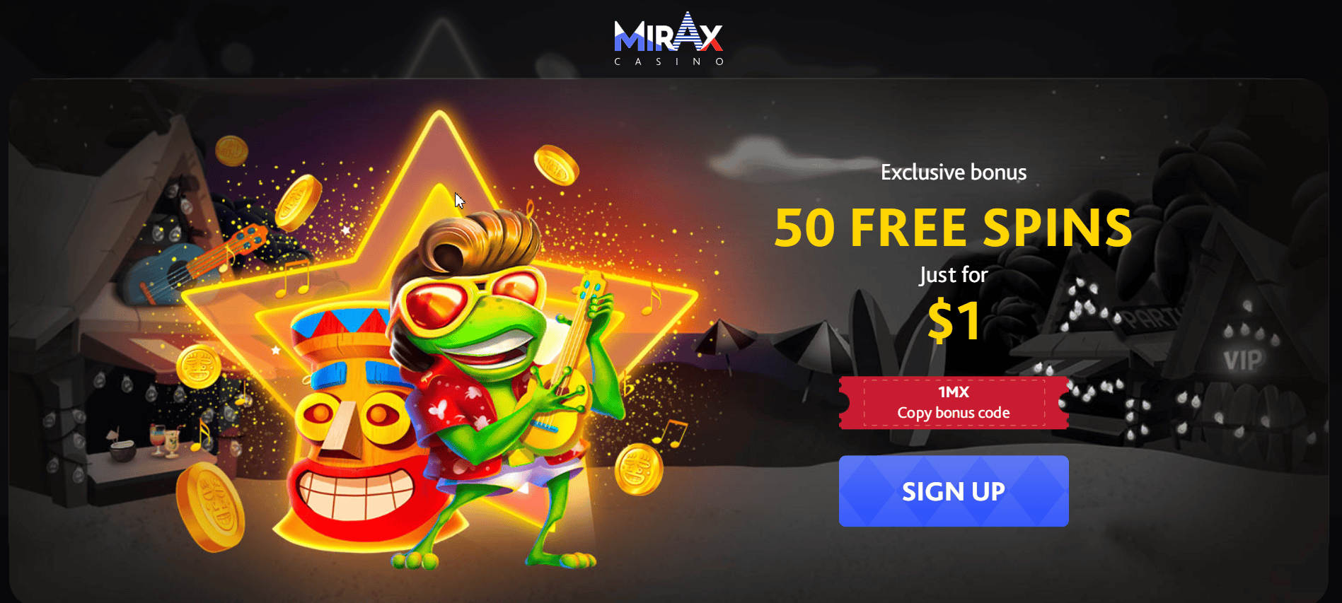 Mirax Casino exclusive bonus — 50 Free Spins for NZ$1 deposit, bonus code 1MX