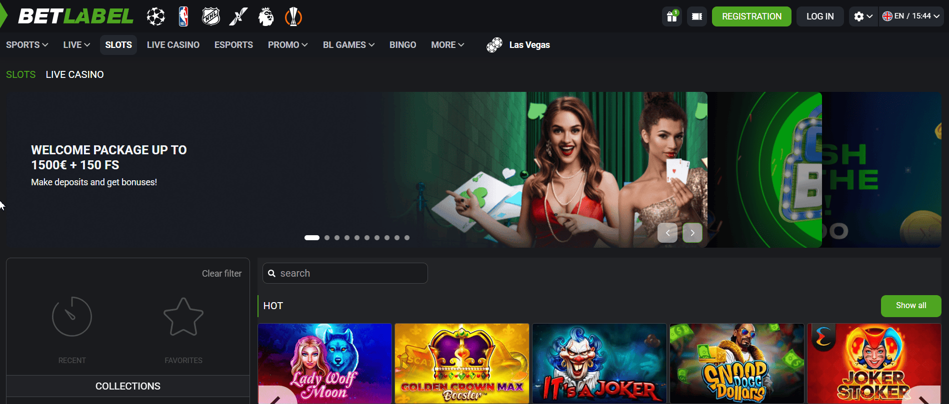 BetLabel casino interface with slots section and welcome bonus up to 1500€ plus 150 free spins