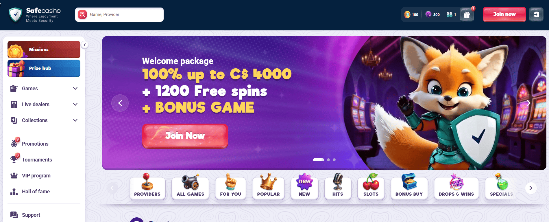 SafeCasino welcome bonus screen showing 100% up to C$4000 and free spins offer