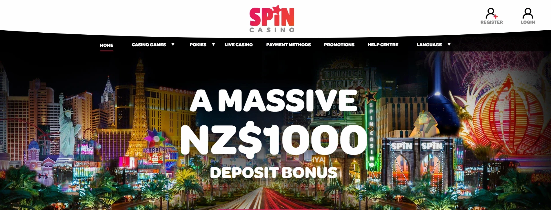 Spin Casino NZ homepage featuring a large deposit bonus offer and popular online casino games