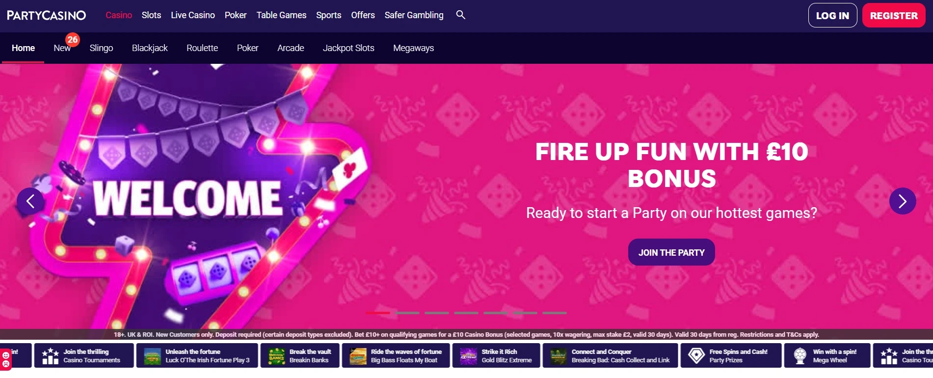 Party Casino UK welcome bonus – £10 casino offer banner with festive graphics