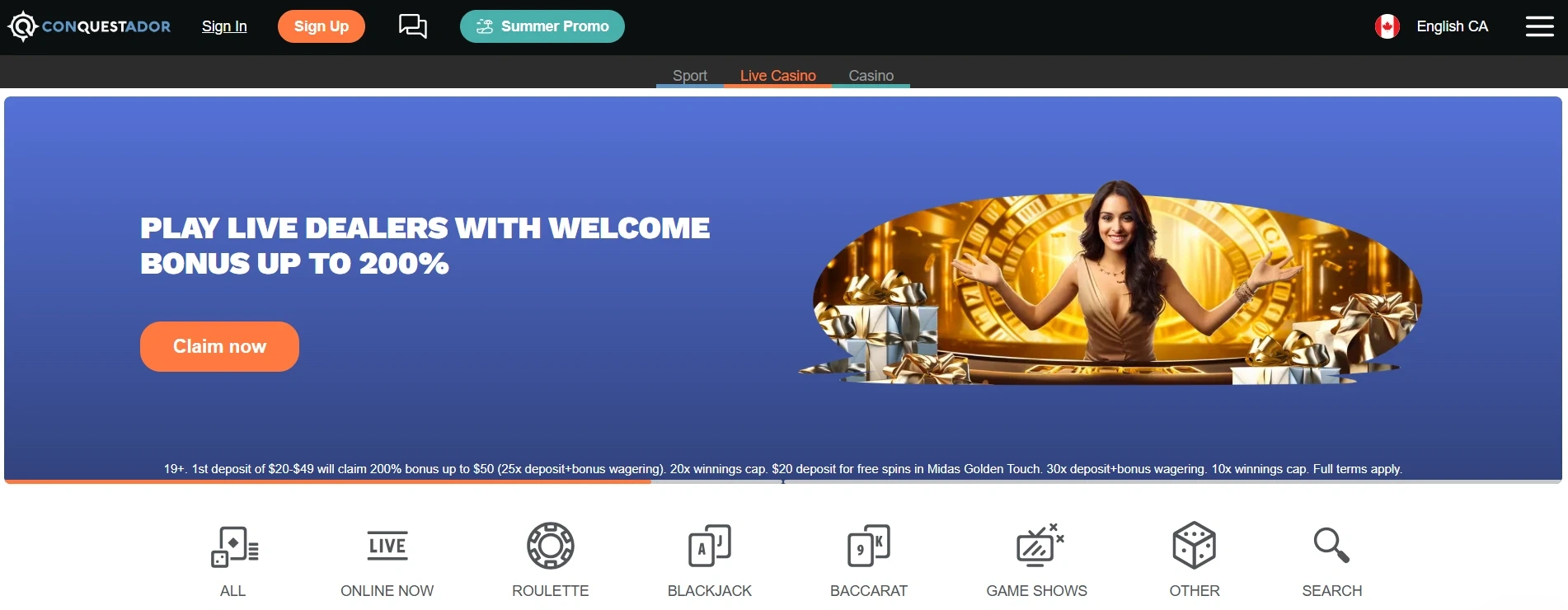 Conquestador Casino Canada Main Page