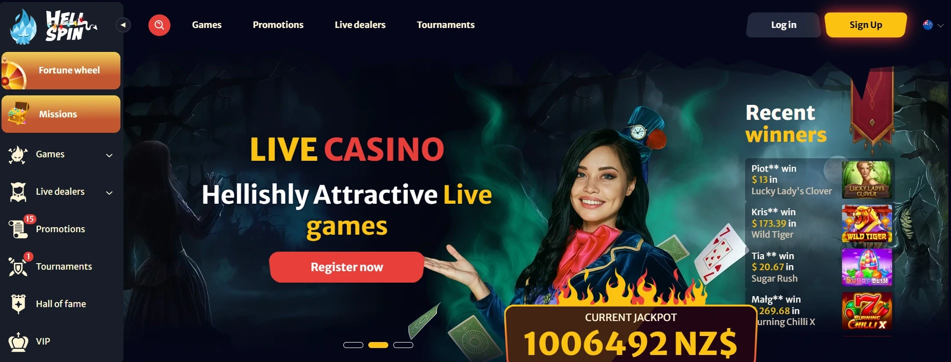 Hell Spin Casino NZ homepage showing live casino games, promotions, and real-time jackpot for New Zealand players
