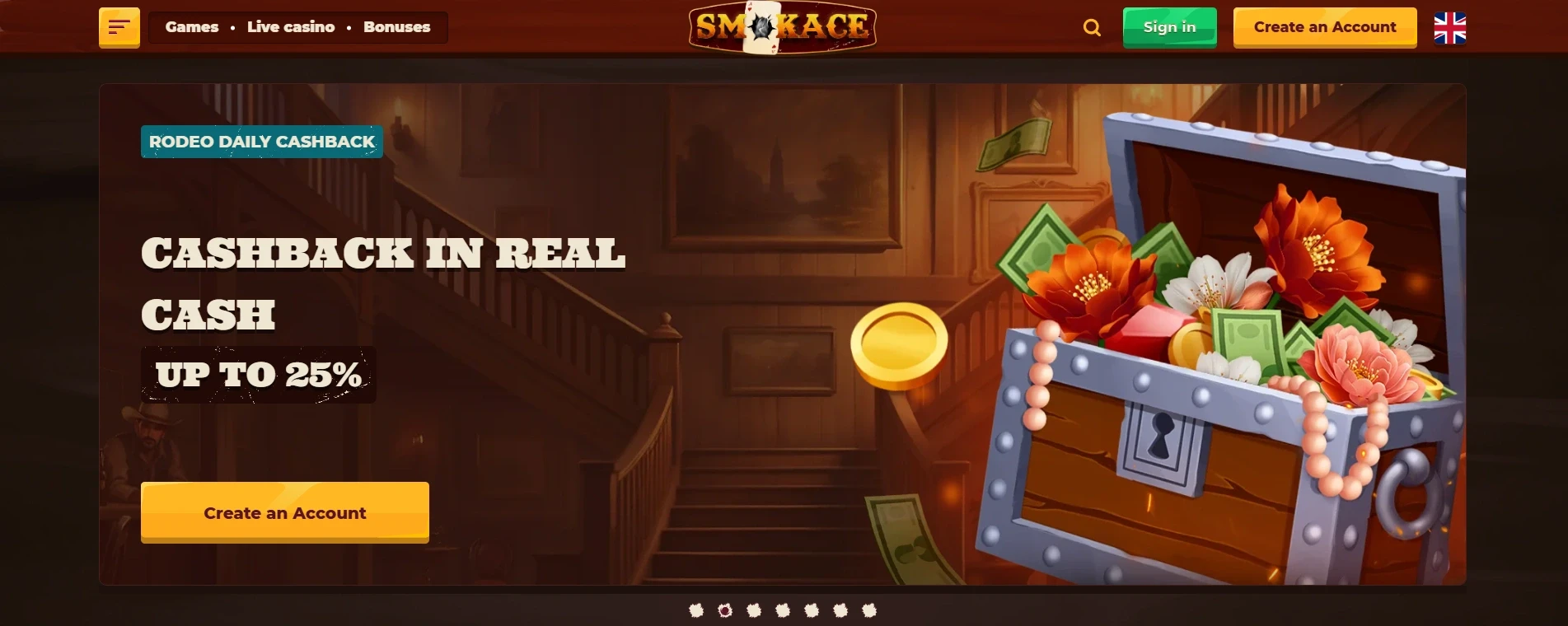 Smoke Ace homepage with cashback bonus and create account button