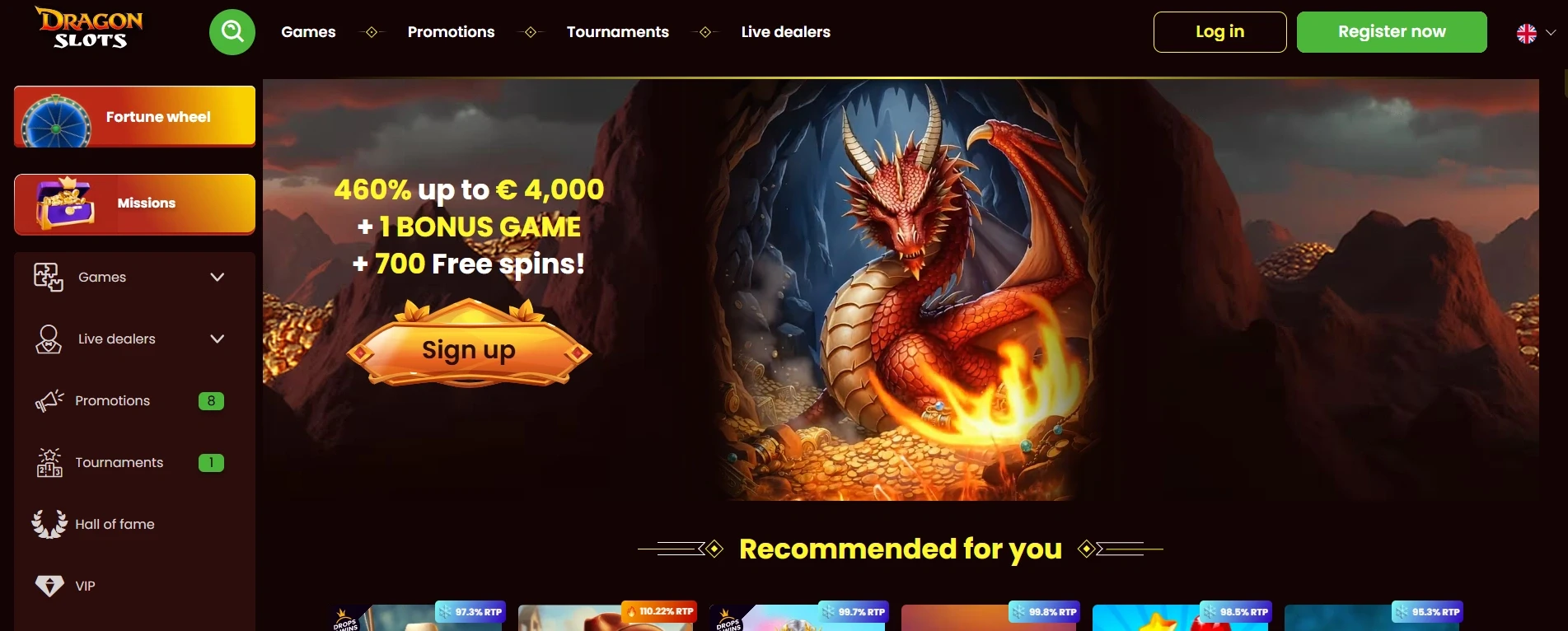 Dragon Slots casino homepage with welcome bonus up to €4,000 and 700 free spins offer