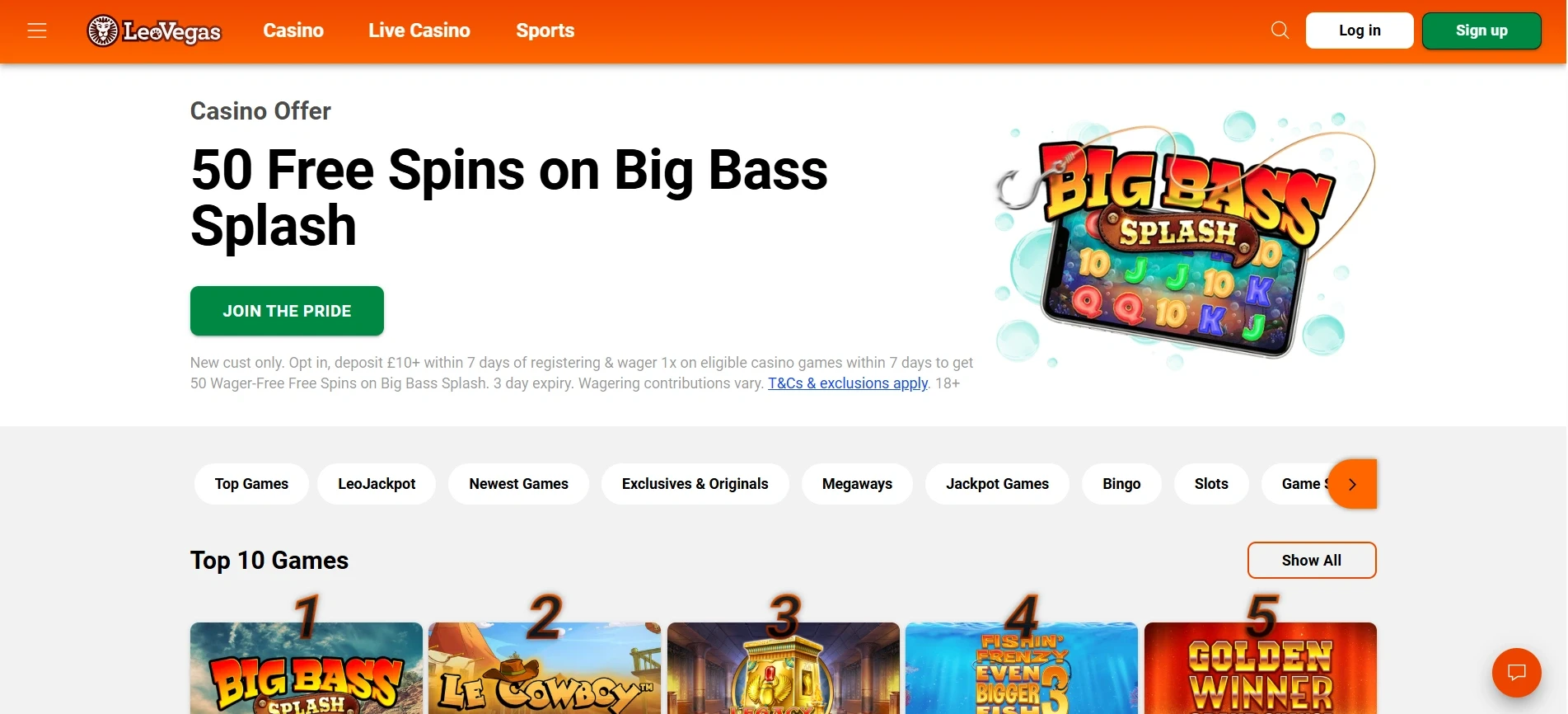 LeoVegas Casino welcome offer – 50 free spins on Big Bass Splash for new UK players