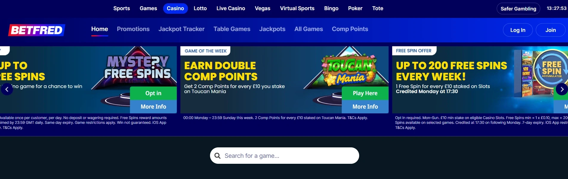 Betfred UK Online Casino main page