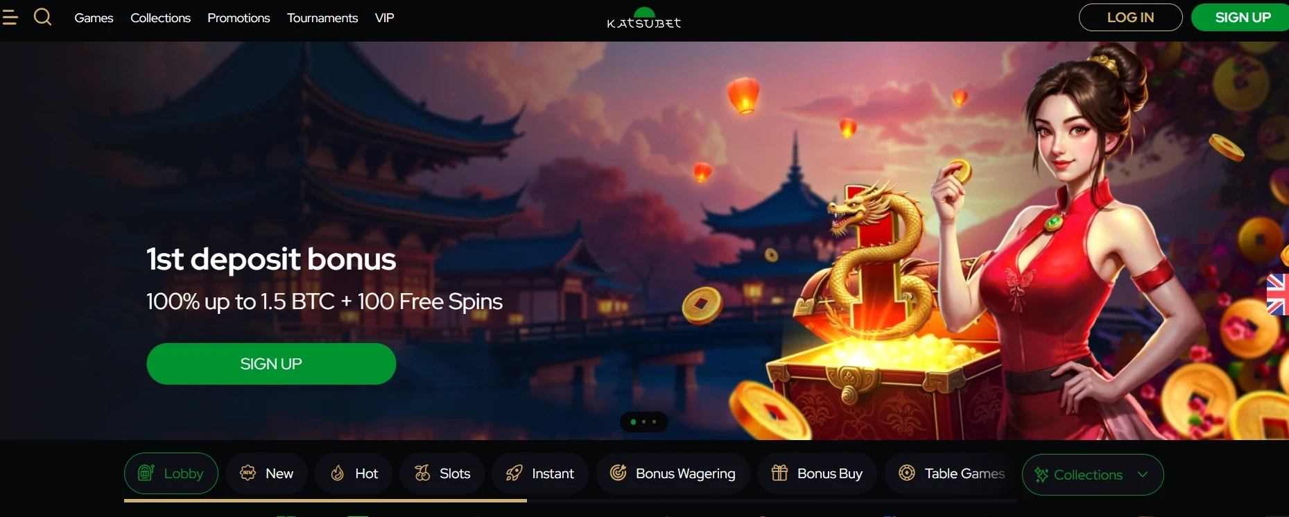 Оnline casino homepage with 1st deposit bonus 100% up to 1.5 BTC and 100 free spins