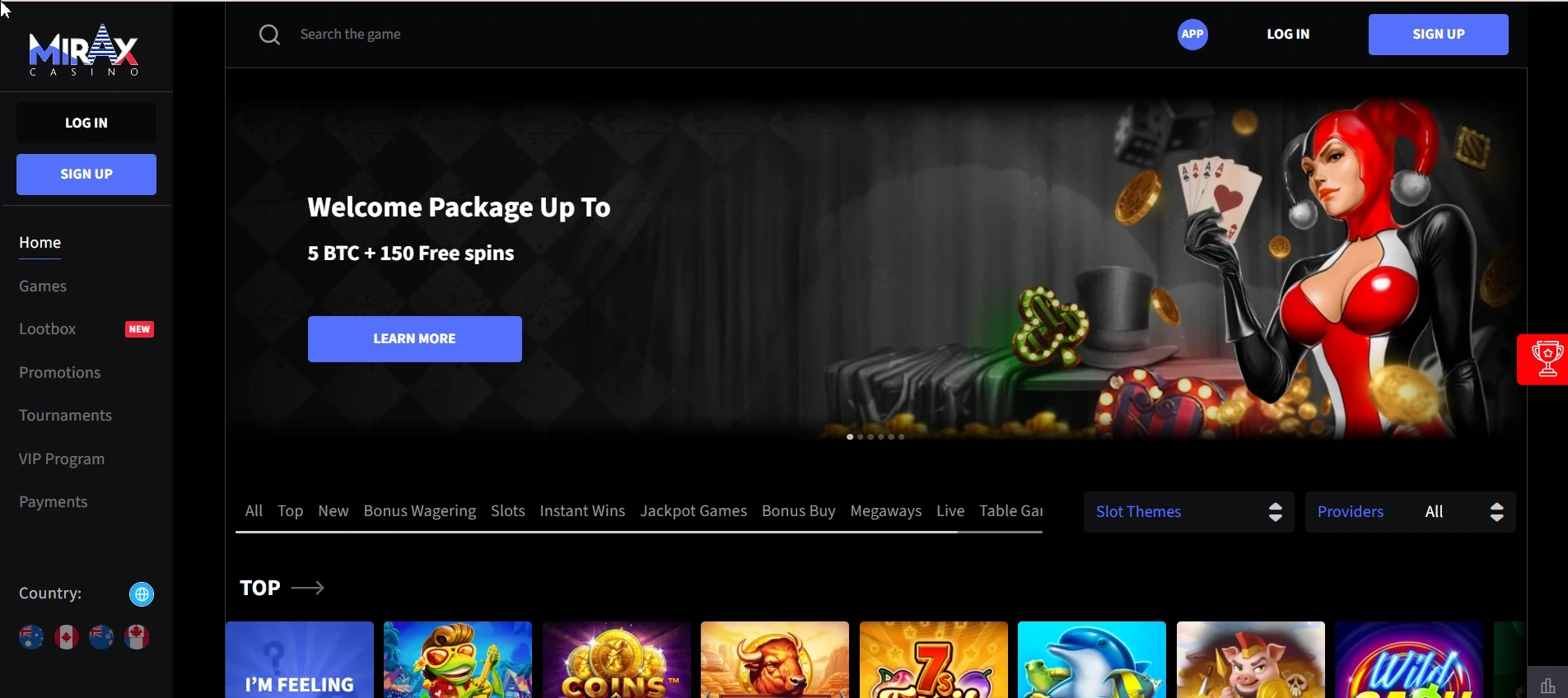 Mirax Casino homepage with welcome bonus up to 5 BTC and 150 free spins