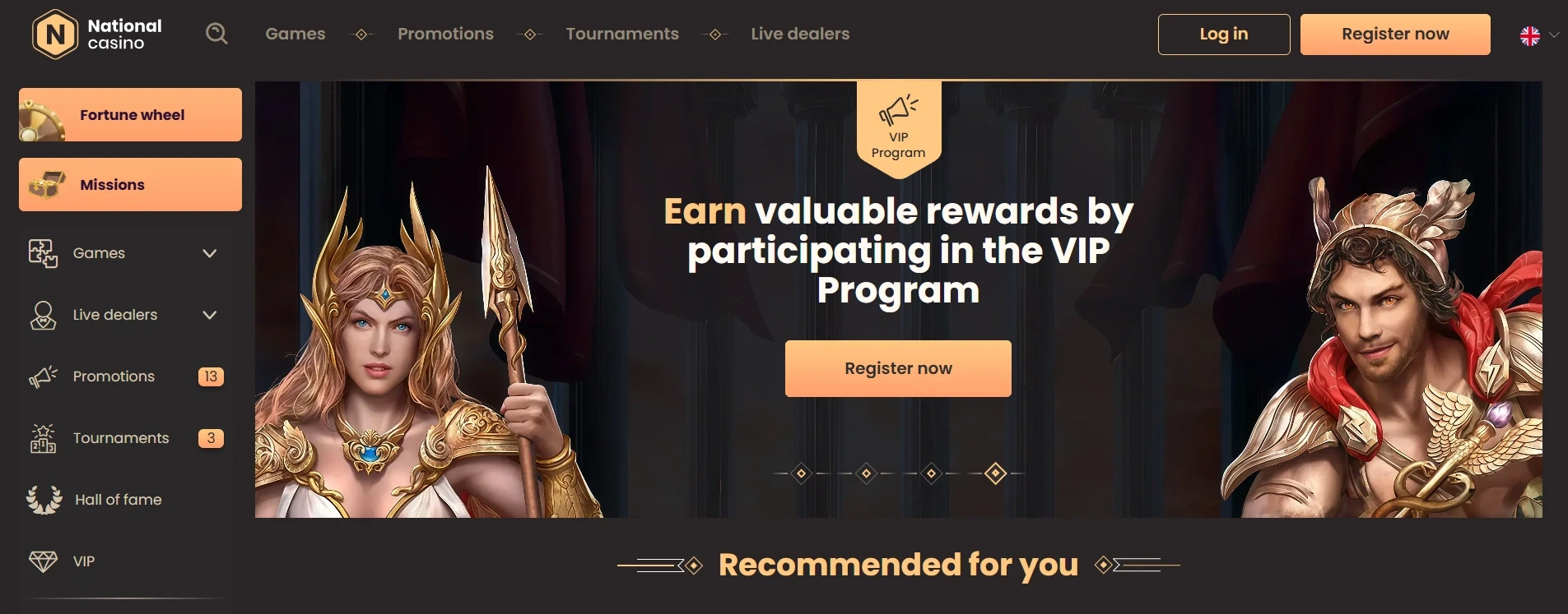 National Casino interface showing VIP program rewards and online casino lobby