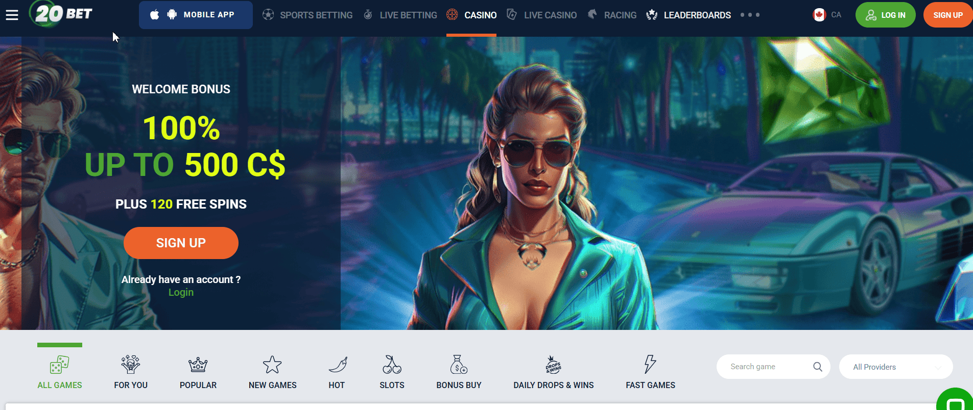 20Bet online casino homepage with welcome bonus 100% up to 500 C$ and 120 free spins for Canadian players