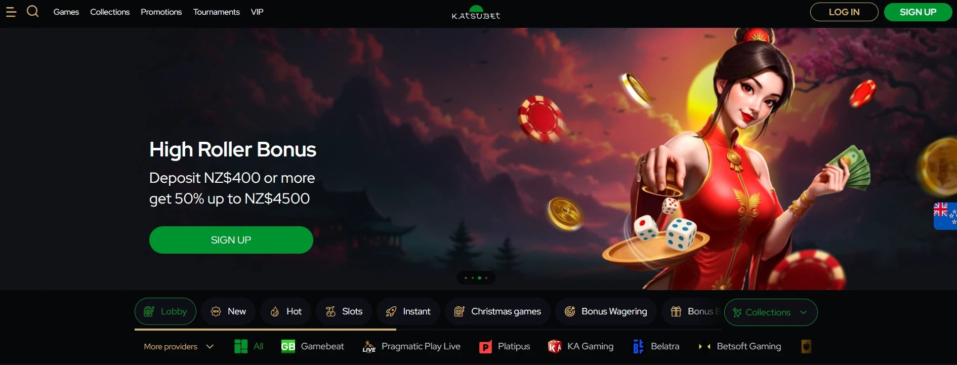 KatsuBet Casino NZ homepage with welcome bonus banner and online casino games available for New Zealand players