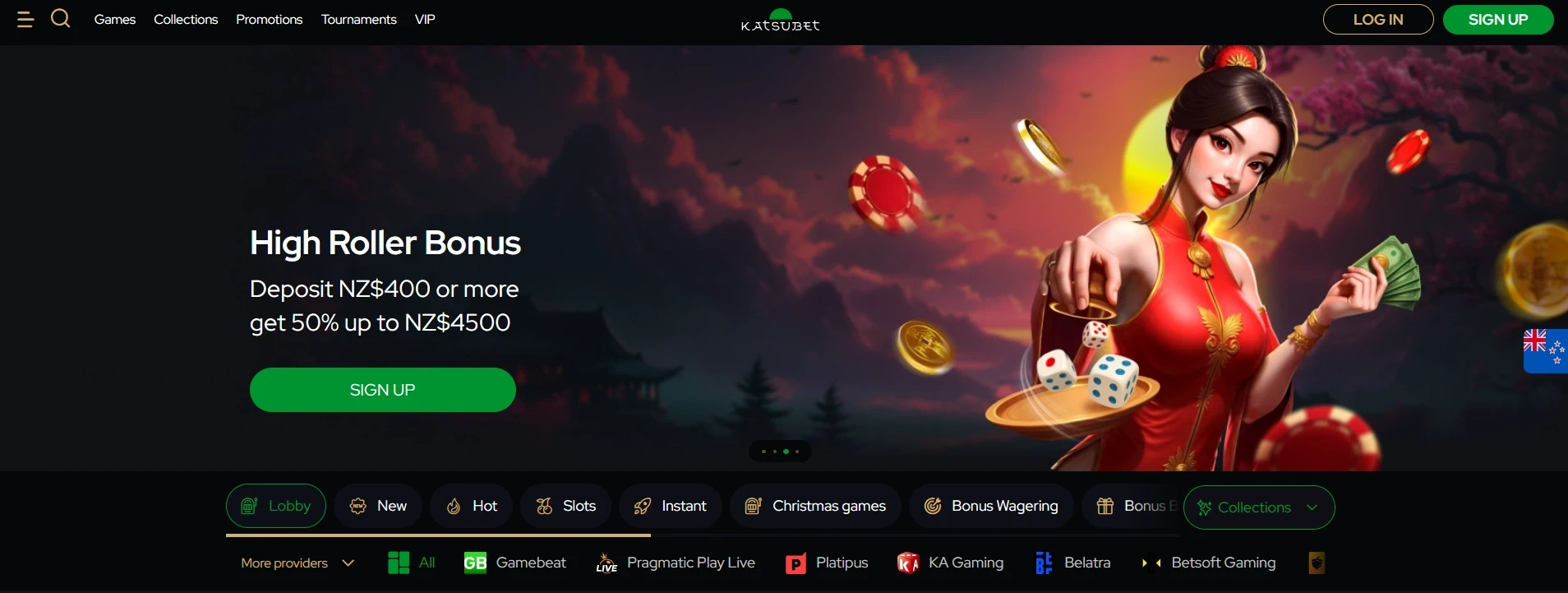 KatsuBet Casino NZ homepage with welcome bonus banner and online casino games available for New Zealand players
