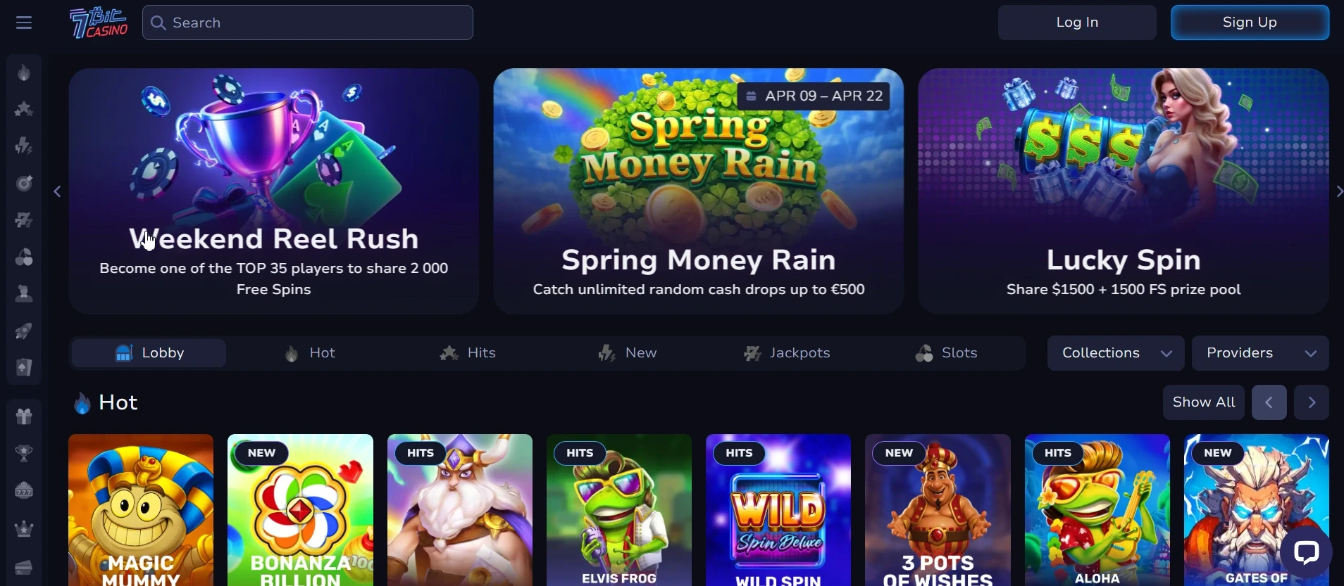 7Bit Casino lobby showing promotions including Weekend Reel Rush and Lucky Spin bonuses
