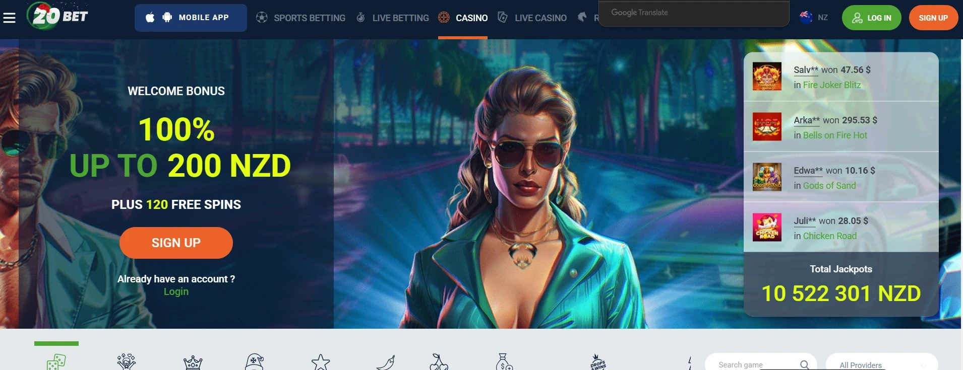 20Bet Casino NZ homepage displaying welcome bonus offer, live casino games, and recent player wins