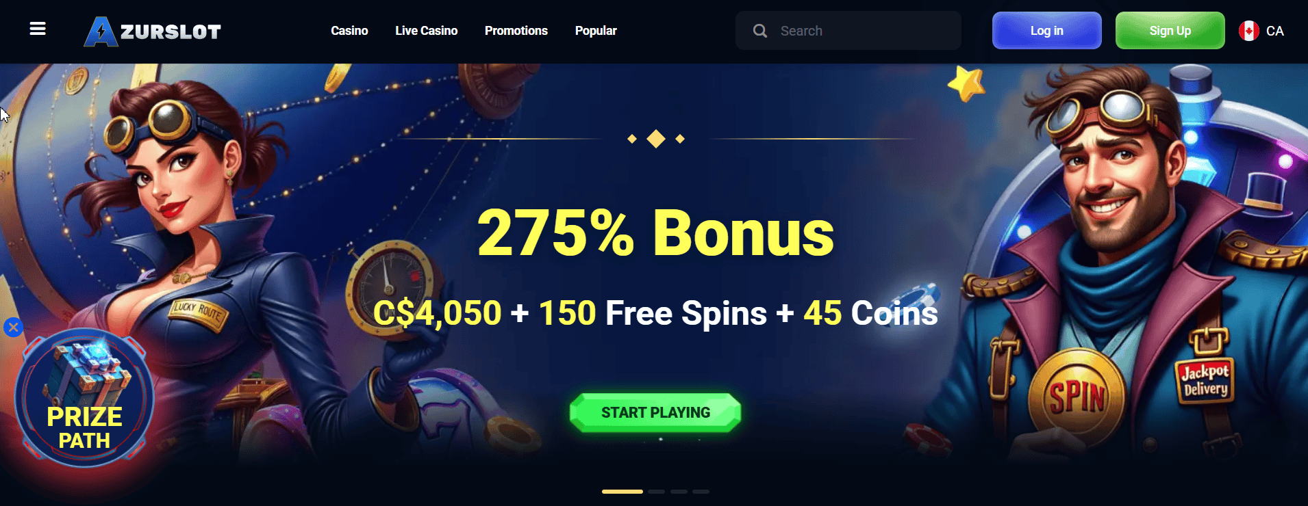 Azureslot homepage featuring 275% bonus up to C$4050 with free spins and coins