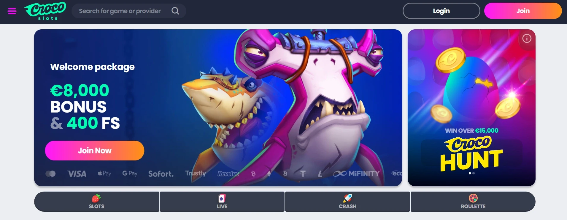 Welcome bonus offer at CrocoSlots Casino – €8,000 and 400 free spins